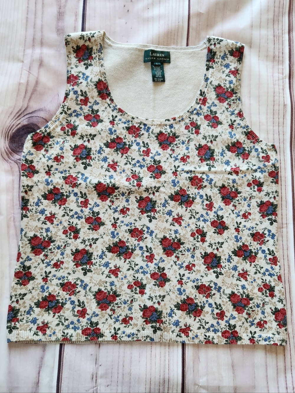 Lauren Ralph Lauren Floral Rose Tank Top Cream Tan Red | Women's Size L